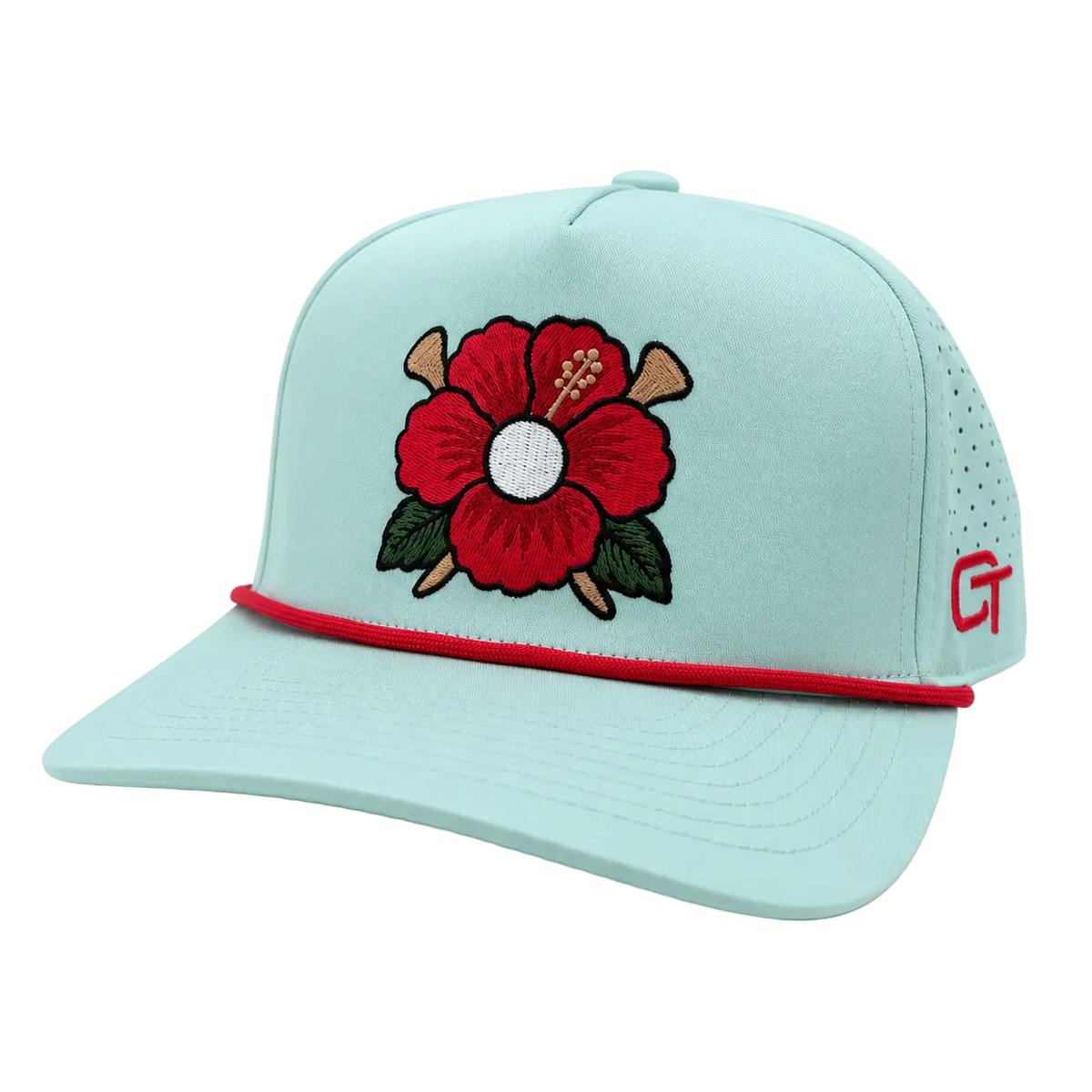 A mint green trucker-style baseball cap featuring a large embroidered red hibiscus flower with golf clubs and a white golf ball on the front, a red brim stripe, and a red 'CT' logo on the side mesh.