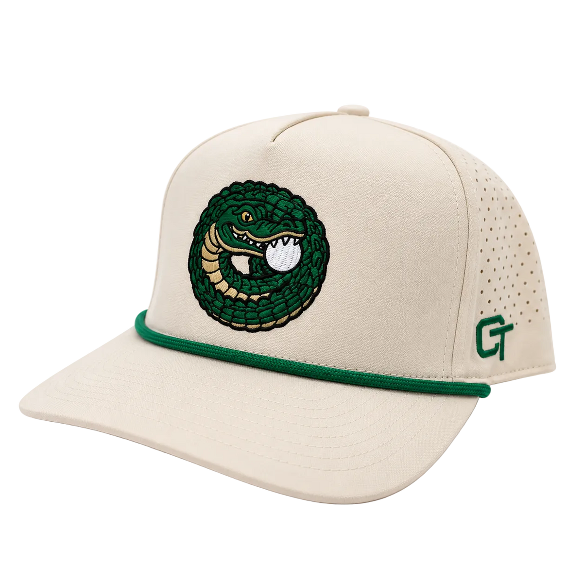 A beige baseball cap featuring a green embroidered coiled snake logo on the front, a green embroidered side logo, and a green trim accent on the brim, set against a plain white background.