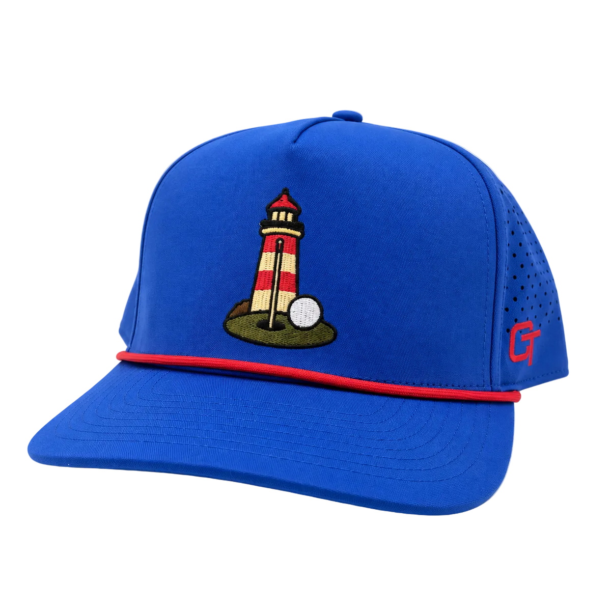 A royal blue baseball cap with a red brim stripe, featuring an embroidered lighthouse and golf ball on the front, and a red 'CT' logo on the side mesh.
