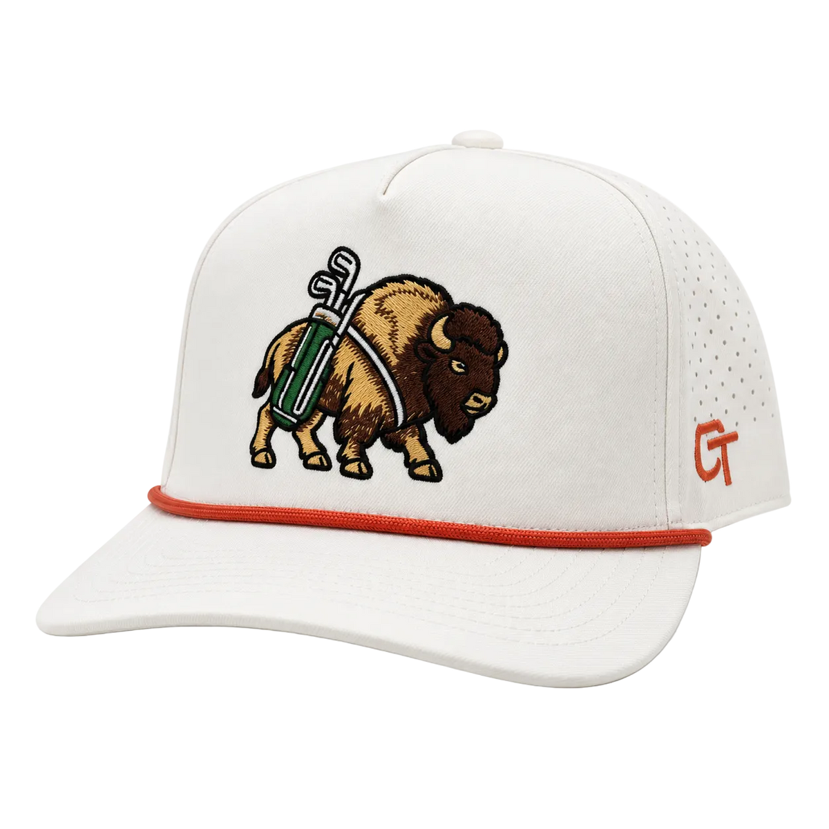 An off-white baseball cap featuring an embroidered bison carrying a golf bag on its back on the front panel, with a red stripe along the brim and a red 'CT' logo on the side.