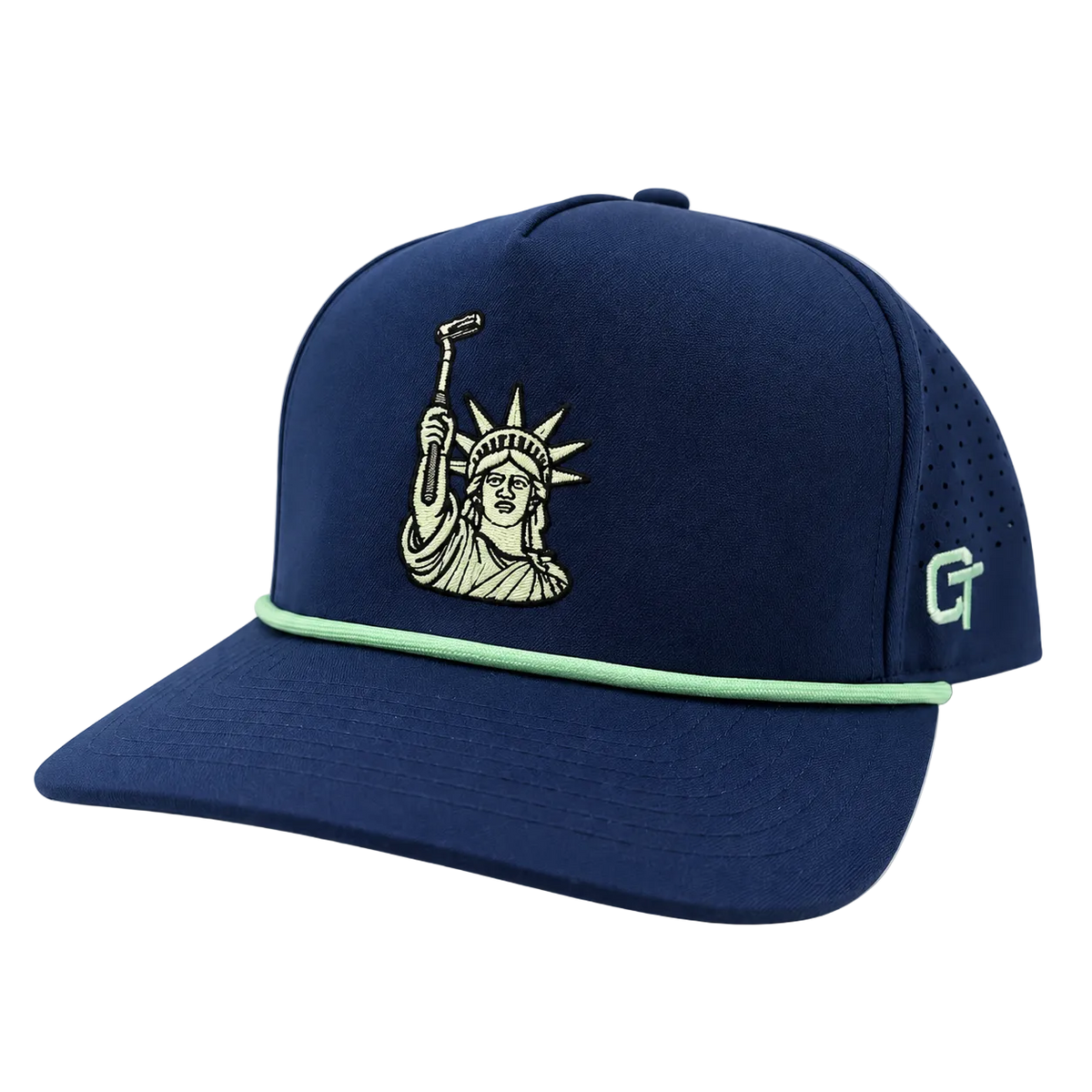 A navy blue baseball cap featuring an embroidered Statue of Liberty design on the front, a mint green accent stripe across the visor, and a mint green 'CT' logo on the side, set against a plain white background.
